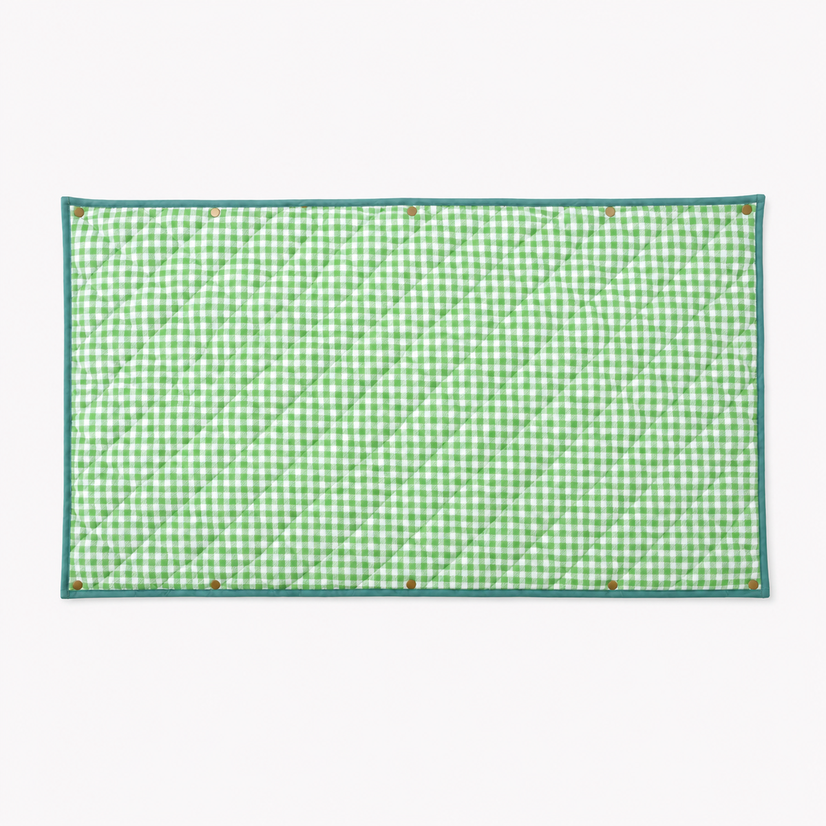 Quilted Cozie Dozie Co. Co-mpanion Swag Mat in green gingham featuring brass press studs against a white background.