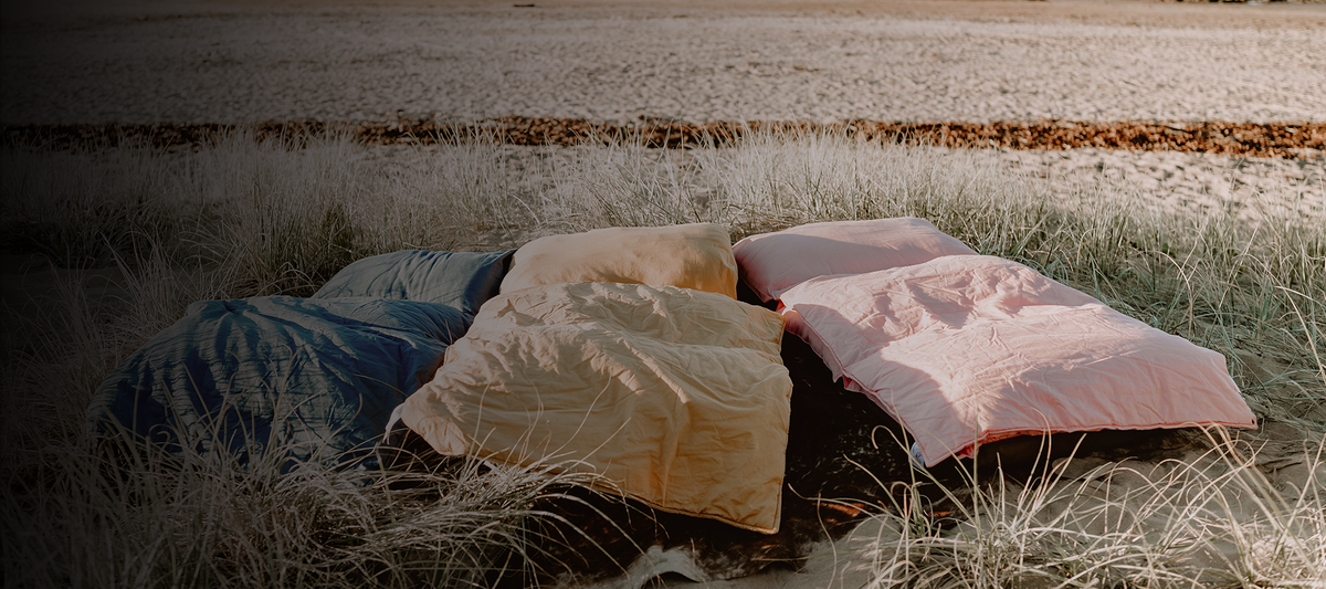 Three filled Cozie Dozie Co. Joey adventure loungers in BowerBird Blue, Ochre, and Quartz resting side-by-side in coastal grass dunes, representing the FAQ support page.