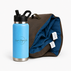 Cozie Dozie Co. BowerBird Blue Joey adventure lounger cover paired with a matching BowerBird Blue 27oz drink bottle.