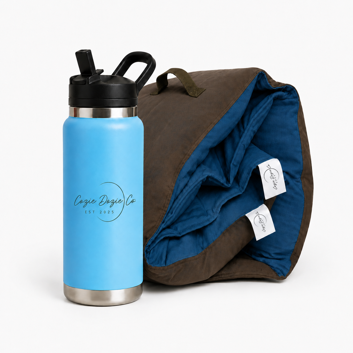 Cozie Dozie Co. BowerBird Blue Joey adventure lounger cover paired with a matching BowerBird Blue 27oz drink bottle.