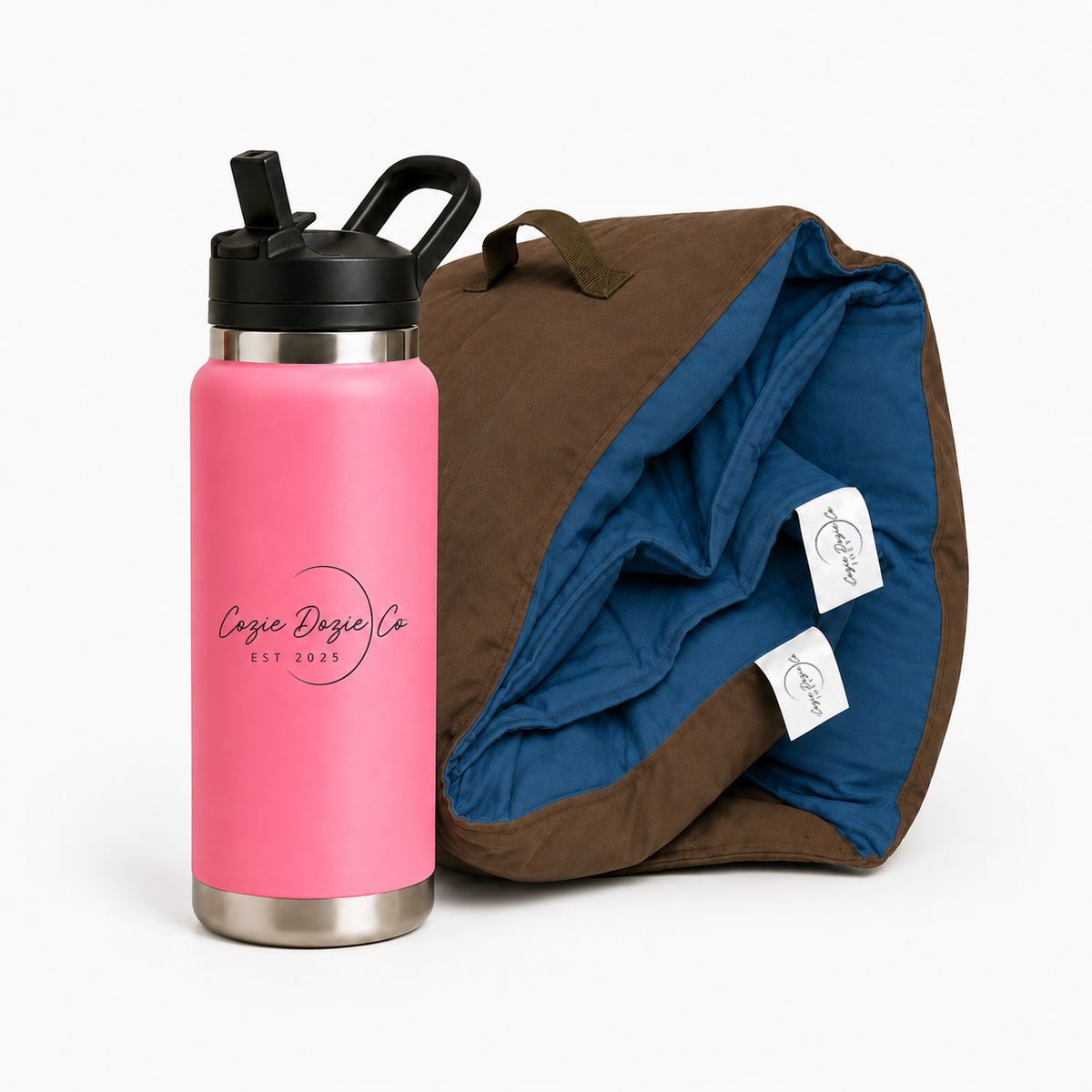 Cozie Dozie Co. BowerBird Blue Joey adventure lounger cover paired with a Quartz pink stainless steel drink bottle.