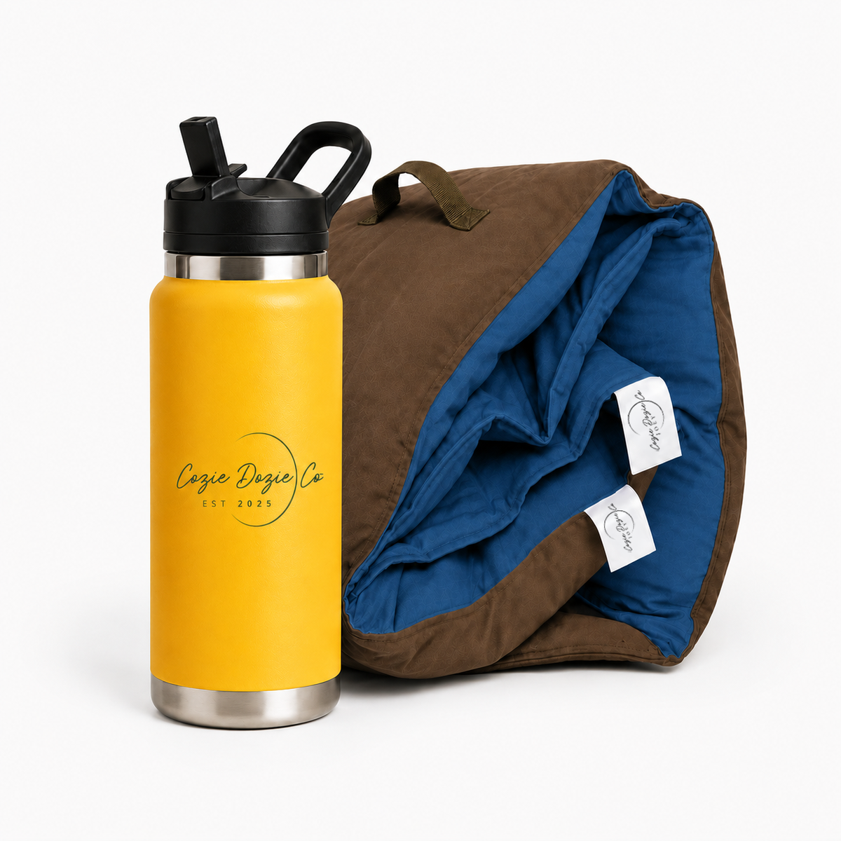 Cozie Dozie Co. BowerBird Blue Joey adventure lounger cover paired with an Ochre yellow stainless steel drink bottle.