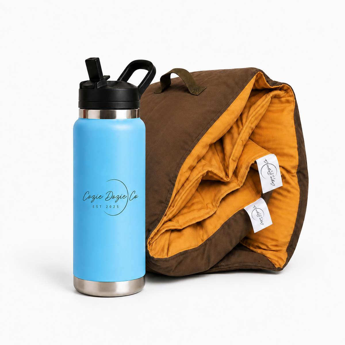 Cozie Dozie Co. Ochre Joey adventure lounger cover paired with a BowerBird Blue stainless steel drink bottle.