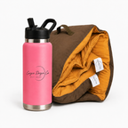 Cozie Dozie Co. Ochre Joey adventure lounger cover paired with a Quartz pink stainless steel drink bottle.
