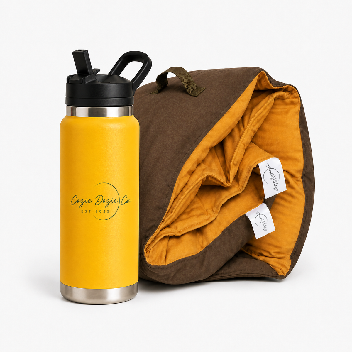 Cozie Dozie Co. Ochre Joey adventure lounger cover paired with a matching yellow 27oz insulated drink bottle.