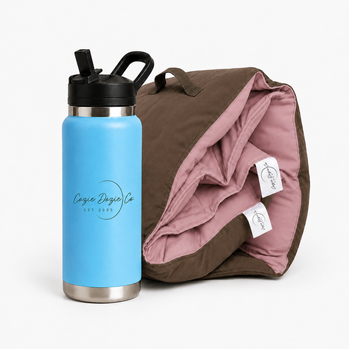 Cozie Dozie Co. Quartz pink Joey adventure lounger cover paired with a BowerBird Blue stainless steel drink bottle.