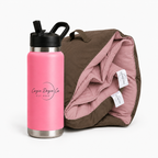Cozie Dozie Co. Quartz pink Joey adventure lounger cover paired with a matching Quartz pink 27oz drink bottle.