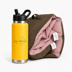 Cozie Dozie Co. Quartz pink Joey adventure lounger cover paired with an Ochre yellow stainless steel drink bottle.