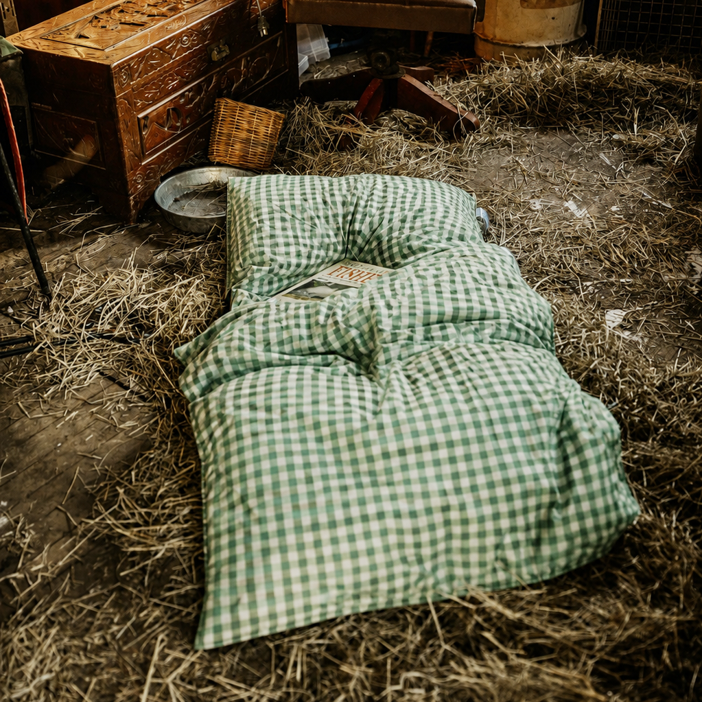 Flat view of the 3-pocket Limited Edition Warrigal Greens Joey lounger with detachable green gingham blanket on a hay-covered barn floor.