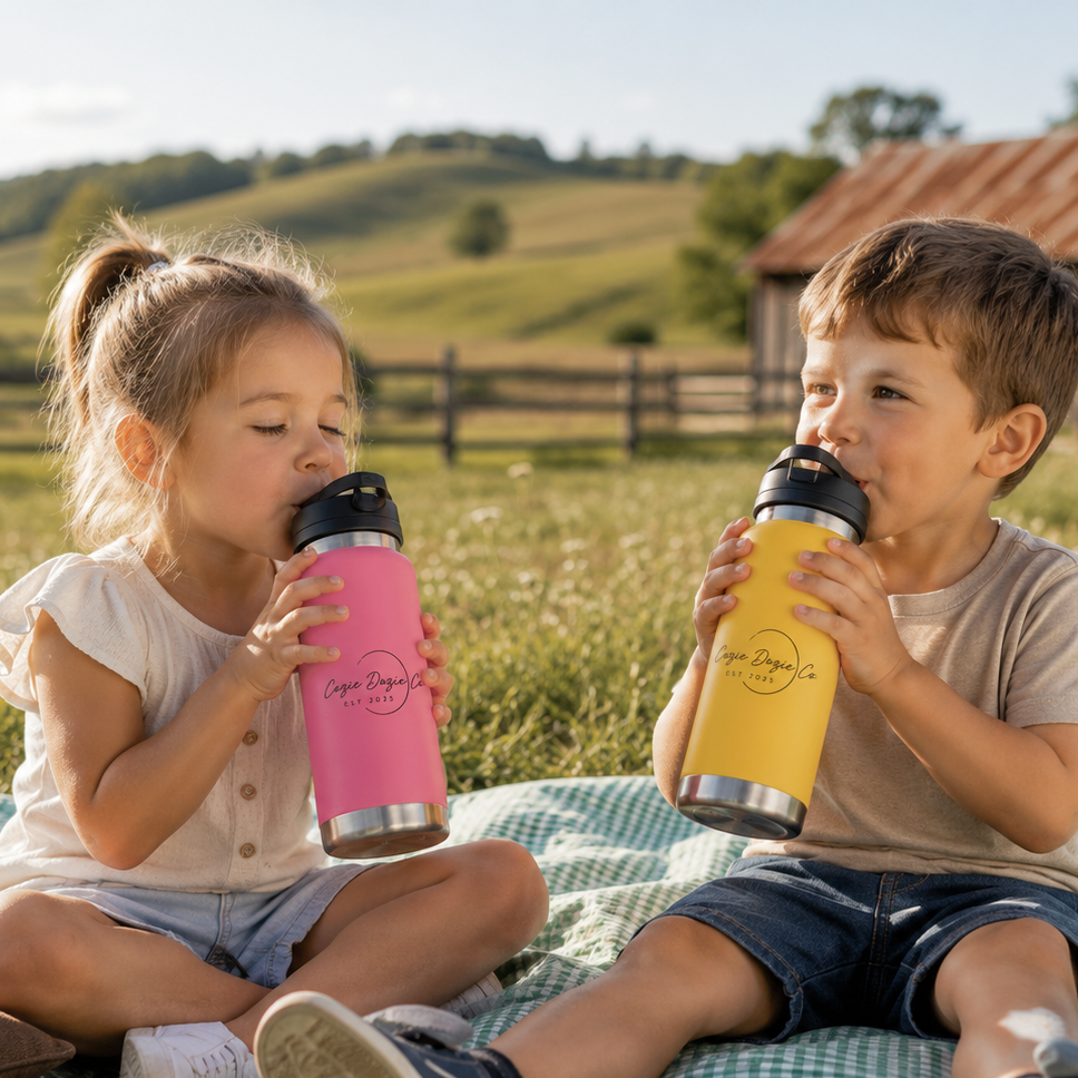 Two young children sitting cross-legged on a green gingham picnic rug outdoors, drinking water from Quartz pink and Ochre yellow Cozie Dozie Co. stainless steel bottles.