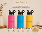 Three Cozie Dozie Co. 27oz vacuum-sealed stainless steel drink bottles with sippy spout lids displayed together in Quartz pink, BowerBird Blue, and Ochre yellow against a white background.