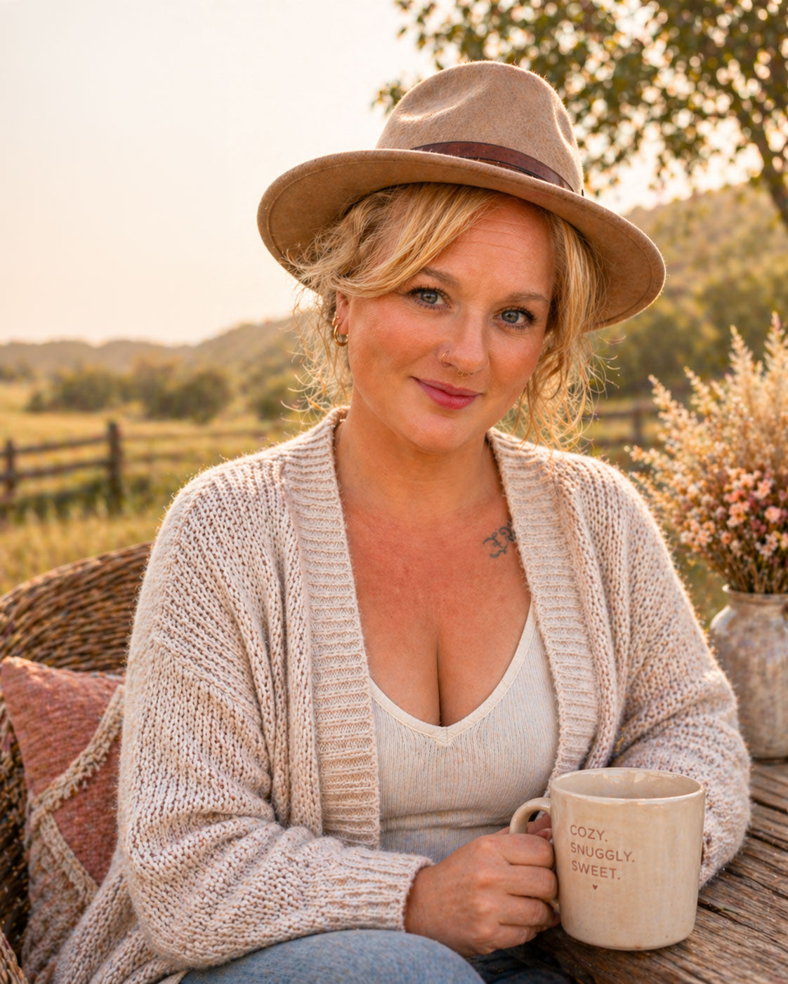A portrait of Cozie Dozie Co. founder Emma James-Skey wearing a wide-brimmed felt hat and a cream knit cardigan, set against a beautiful rural Central Queensland landscape at golden hour.